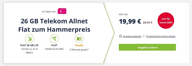 50% Rabatt! 26 GB Telekom Allnet Flat 